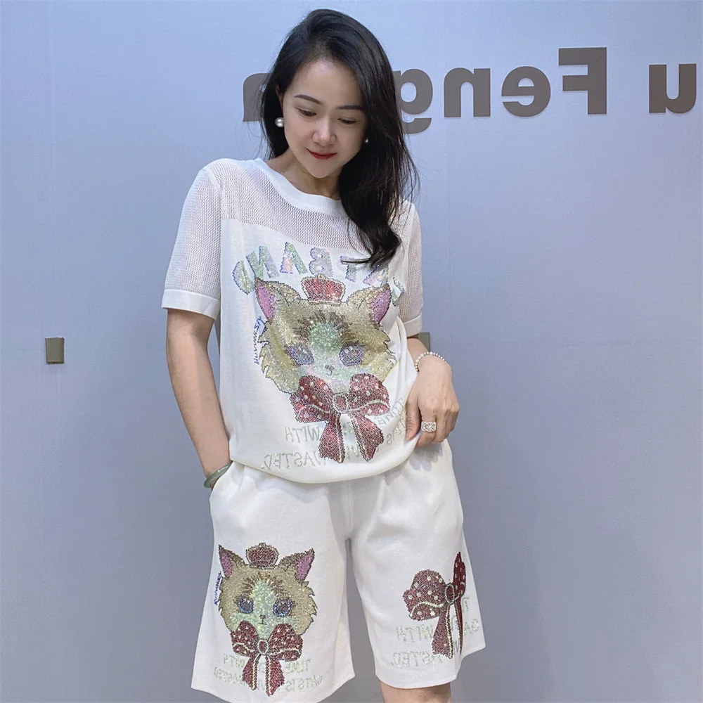 Cartoon Sequins Knitted Hollow Out Short Pants Sets Women 2024 Casual O Neck Short Sleeve T-shirt 2 Pieces Matching Sets Street