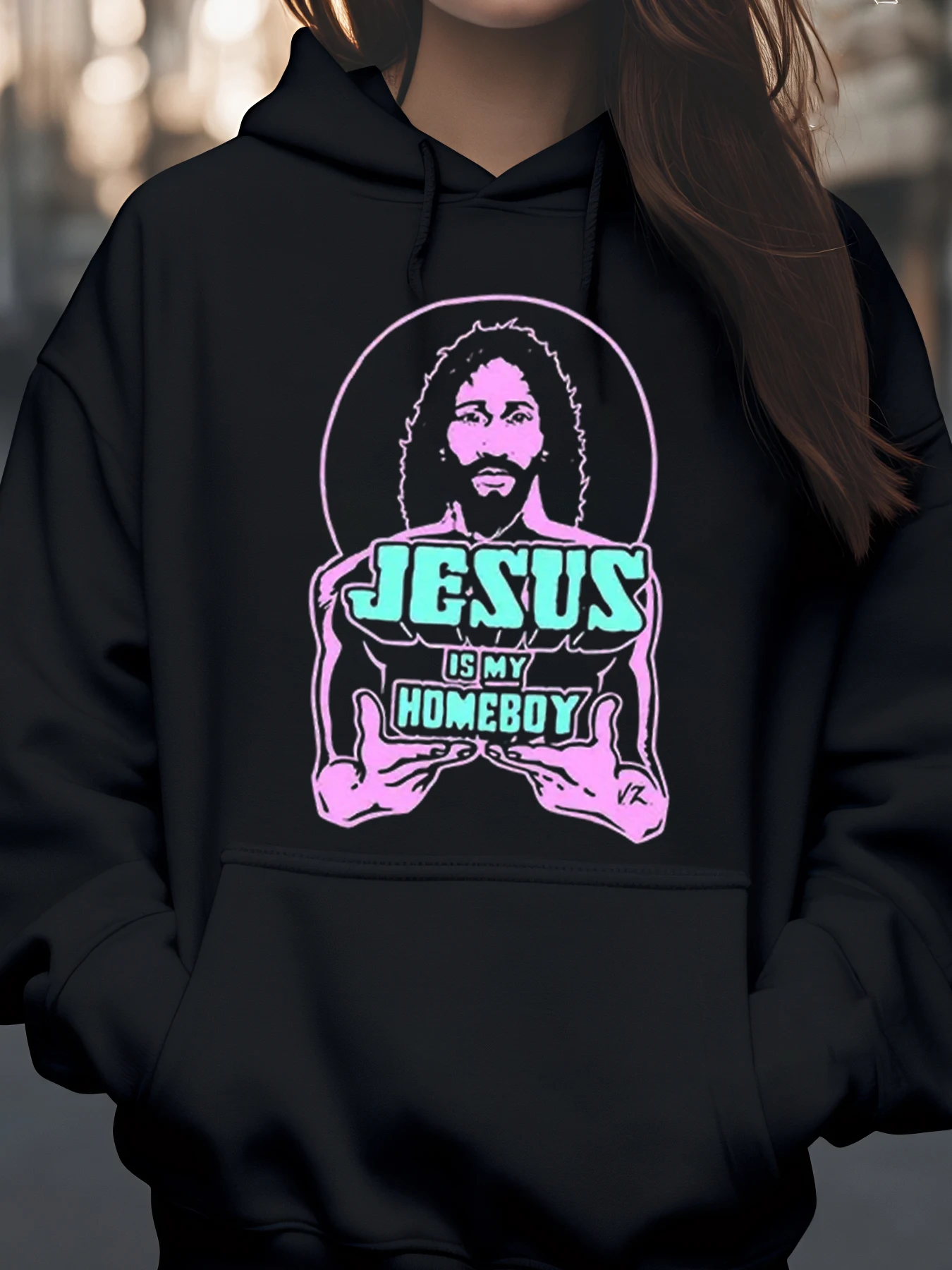 سترة بغطاء للرأس مطبوعة برسومات جرافيك من Jesus Is My Homeboy لعيد الميلاد للنساء