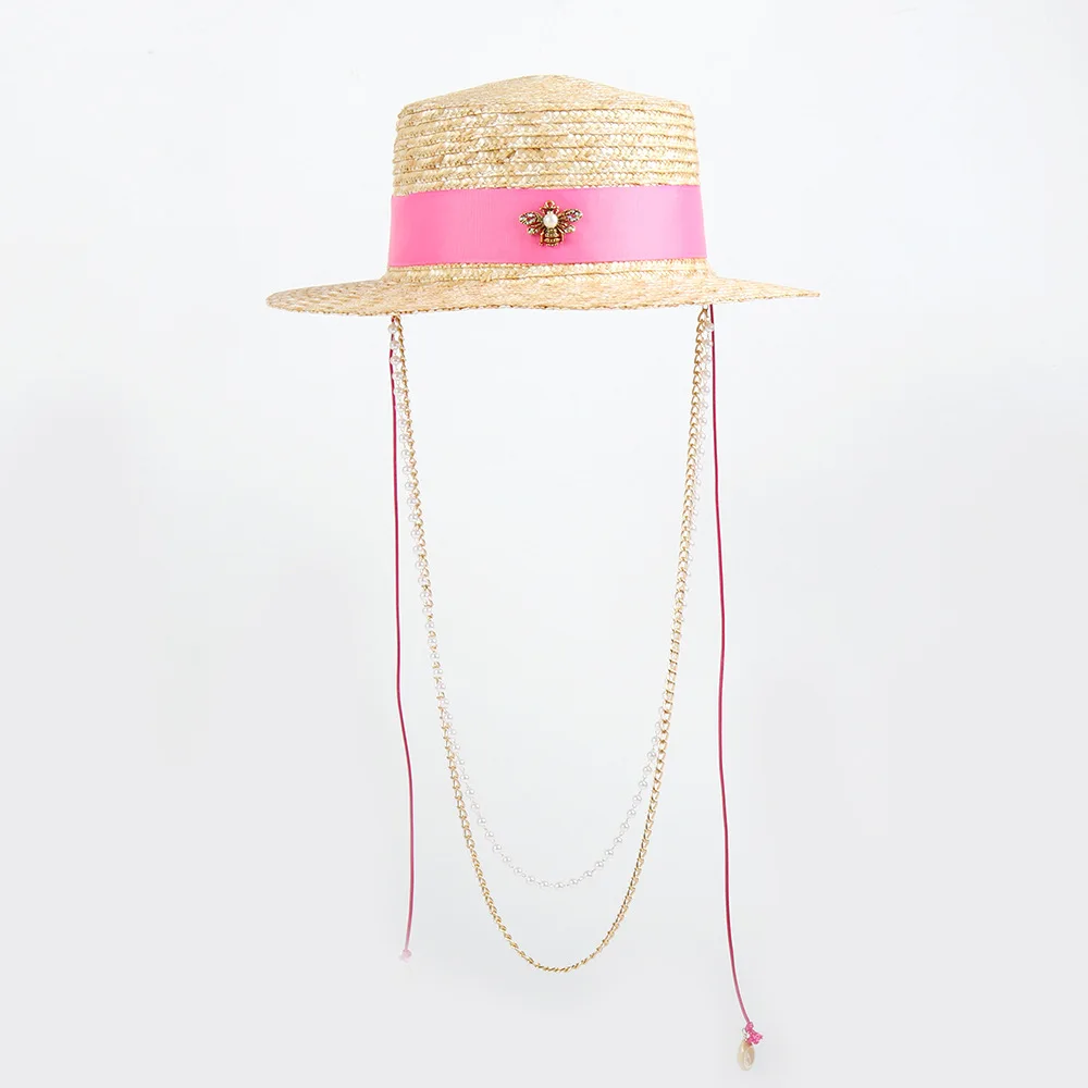 Original Design Bee Wheat Straw Hat for Women, Chain Flat Top Sun Cap, Spring Summer Vacation Beach Hat Wholesale
