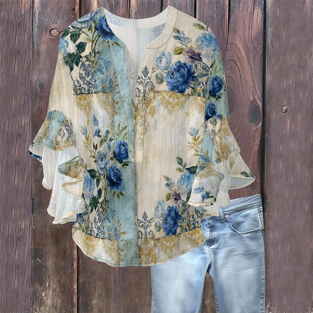 Vivid Floral Pattern Elegant French Style Blouse V-Neck Flutter Sleeves Romantic Vintage Retro Women's Top Casual or Date Night