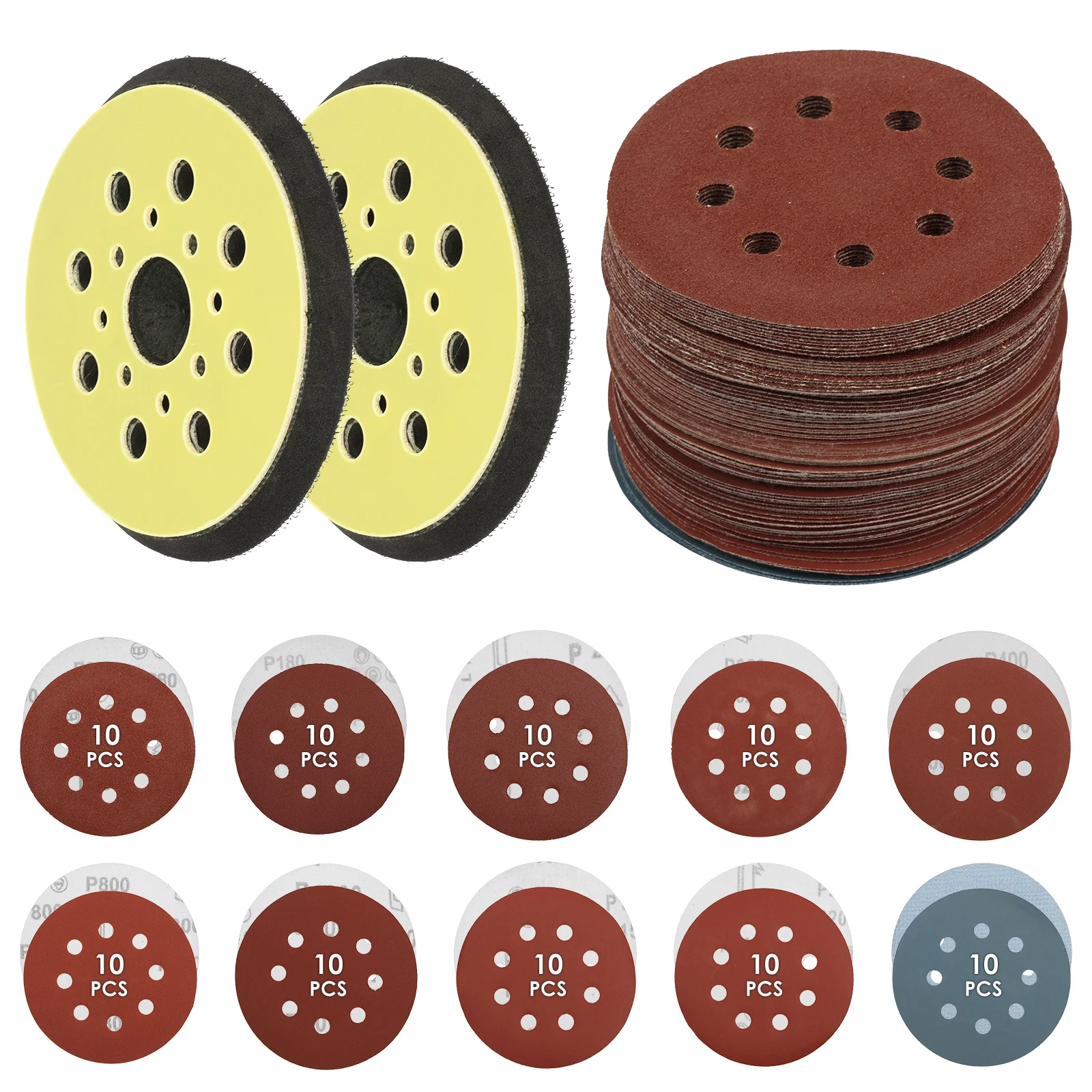 100 PCS 5 Inch Sanding Discs Set with Replacement Sander Pads 80 180 240 320 400 800 1000 1500 2000 3000# 8 Holes Sanding Papers