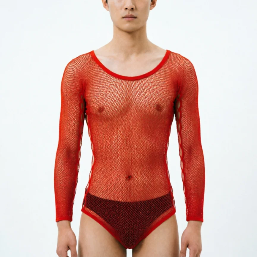 Purple Men's Sexy Lingerie Male Hollow Out Fishnet Tops Black Blue Red White Color Young Man Underwear 2026 Lencería Hombre view 4