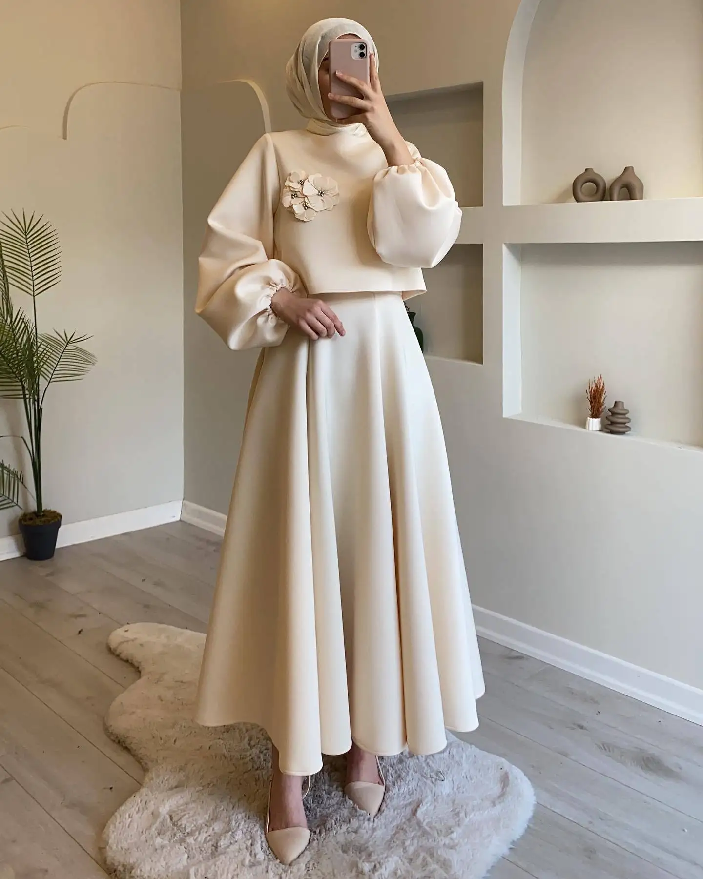 2024 Middle Eastern Dubai Flower Lantern Sleeve Women Skirt Suit Two-piece Set Elegant  Top and Pleats Skirt  Muslim Clothing