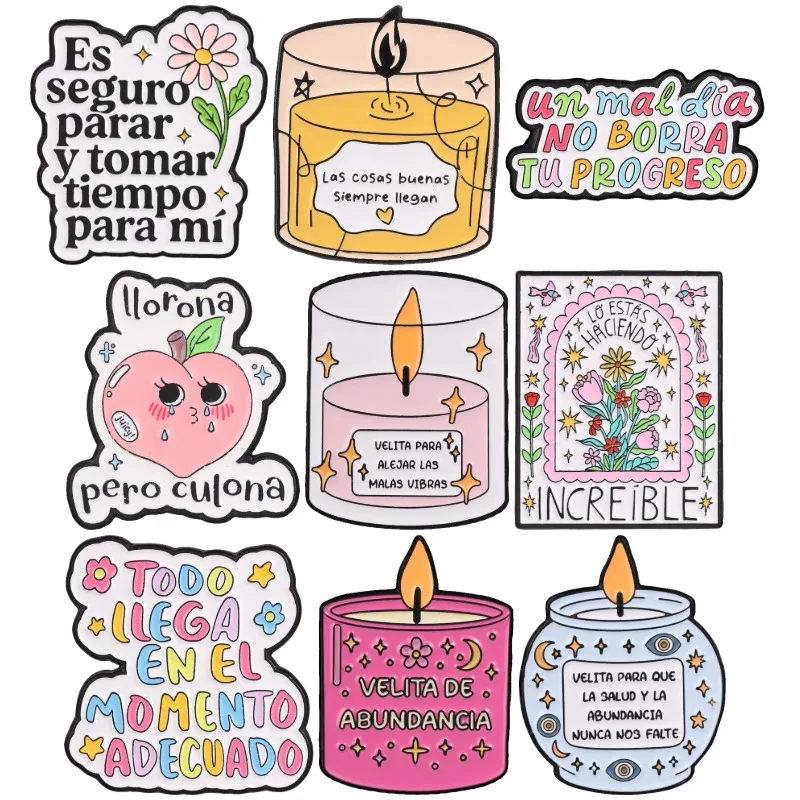 9Pcs Spanish Motivational Phrase Badges Wish Candle Enamel Pins Inspirational Positive Brooch Latin Accessories Decor Gift