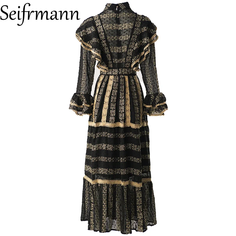 Seifrmann Spliced ​​Embroidered Dress Stand Collar Long Sleeve Waist Long Dress 2026 Autumn Women's New Style