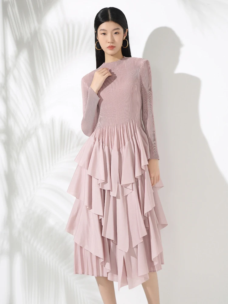 Moda sólida em camadas vestidos irregulares primavera feminino o pescoço manga comprida vestido plissado outono cintura alta magro na altura do joelho vestido