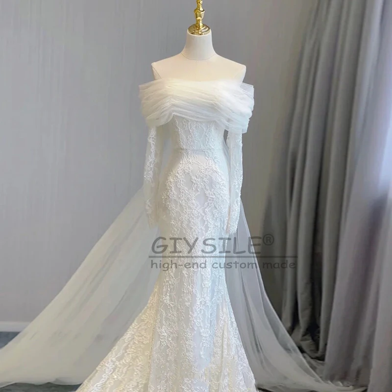 GIYSILE Customized Off The Shoulde Long Sleeves Lace Mermaid Wedding Dresses For Women 2025 Court Train Bridal Gowns Vestidos
