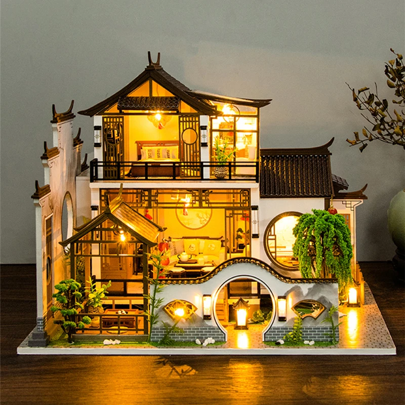 NEW DIY Wooden Doll Houses Japanese Ancient Casa Miniature Building Kits with Furniture Led Dollhouse for Adults Christmas Gifts