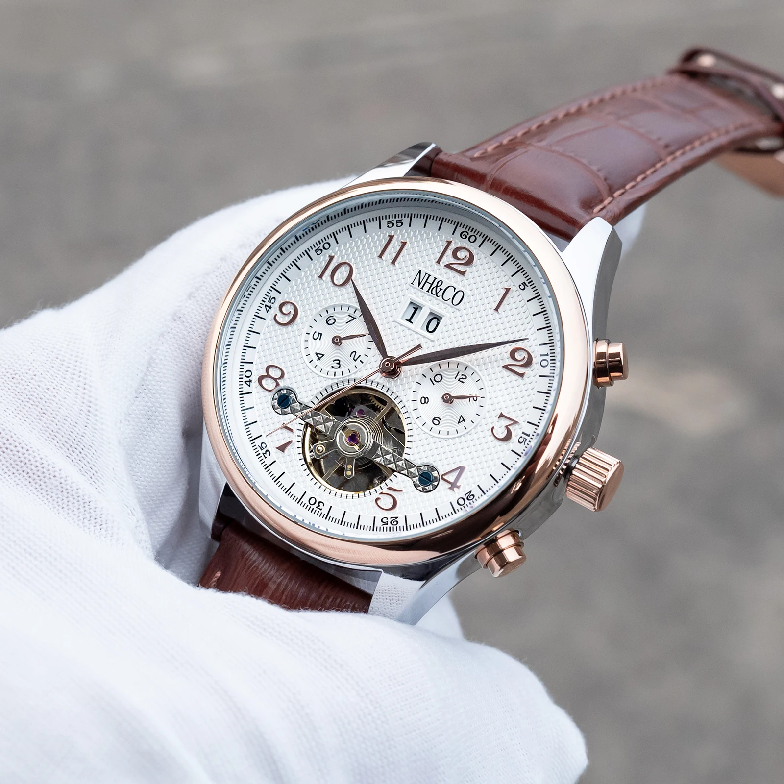 

NHCO Fashion Multifunctional Automatic Mechanical Watch For Men Leather Strap Watch Waterproof Clock with Calendar