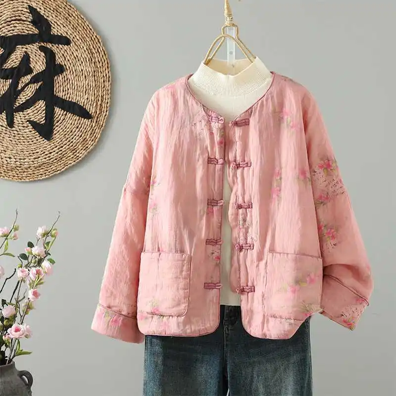 

Женское новое модное пальто с воротником-стойкой, на пуговицах-лягушках, с принтом, на флисовой подкладке, из хлопка, свободного кроя, удобное, для офиса и повседневной носки, элегантная верхняя одежда