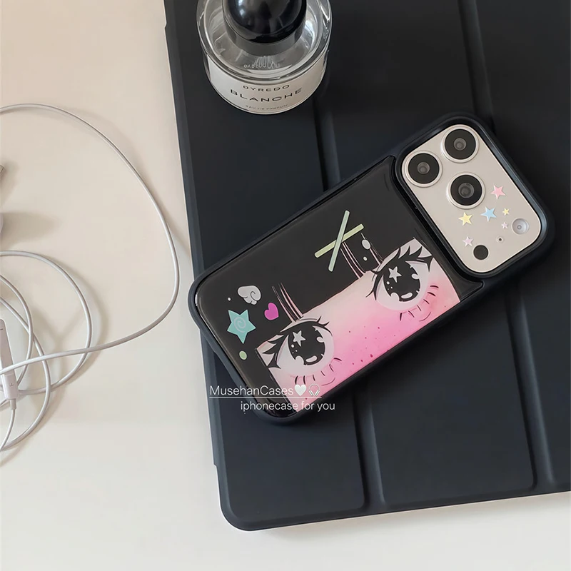 Korean Ins Anime Girl Star Hair Clip Black Border Drip Glue Phone Case For Samsung S26 S25 S24 S23 Ultra Plus Edge FE Back Cover