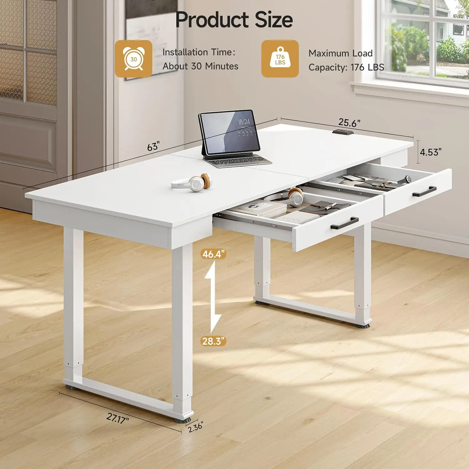 Electric Standing Desk with Drawers, 63x26 Inch Dual Motor Adjustable Height 28-46 Inch for Home & Office, White, Customized