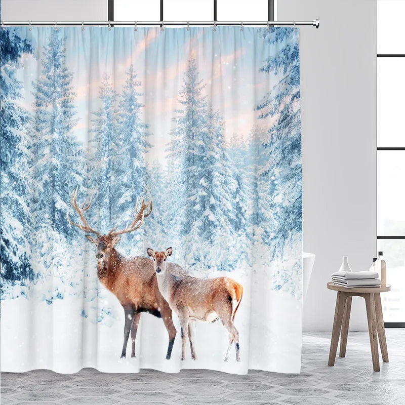 Christmas Elk Shower Curtain Farmhouse Pine Bough Deer Animal Cedar Winter Forest Landscape Bath Curtains Fabric Bathroom Decor