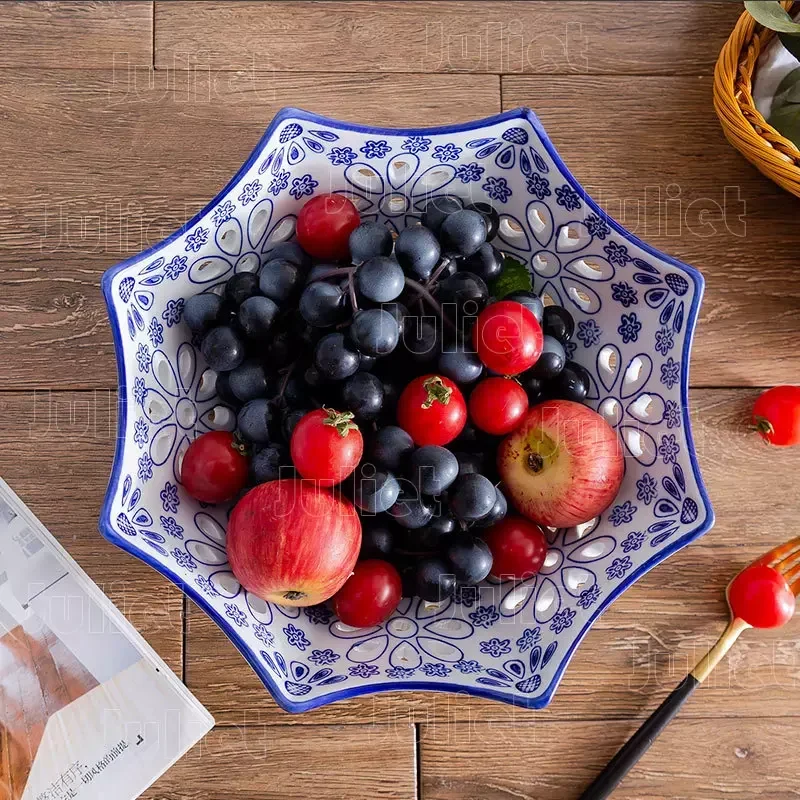 Ceramic Fruit Plates Modern Style Tableware Blue and White Porcelain Dinner Plate Hollowed Out Tray Household Table Decoration