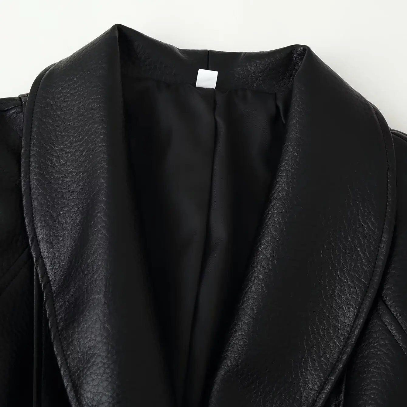 KASLEAD New Women's Fashion Versatile High-End Design Leather Jacket Coat with Belt Long Sleeve Polyester Fiber Regular Length