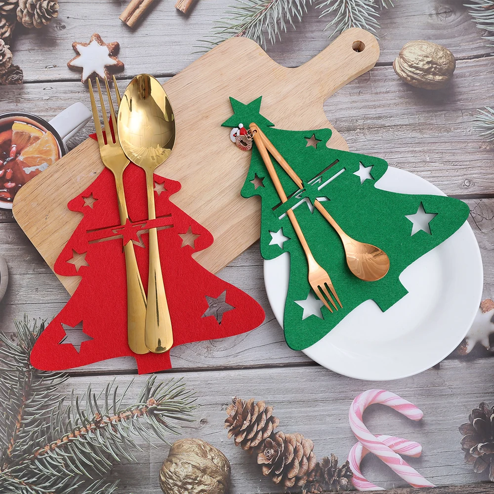 60/2PCS Felt Christmas Cutlery Bags Fork Knife Spoon Holders Cover Xmas Tree Pockets Bag New Year Party Dinner Table Decoration