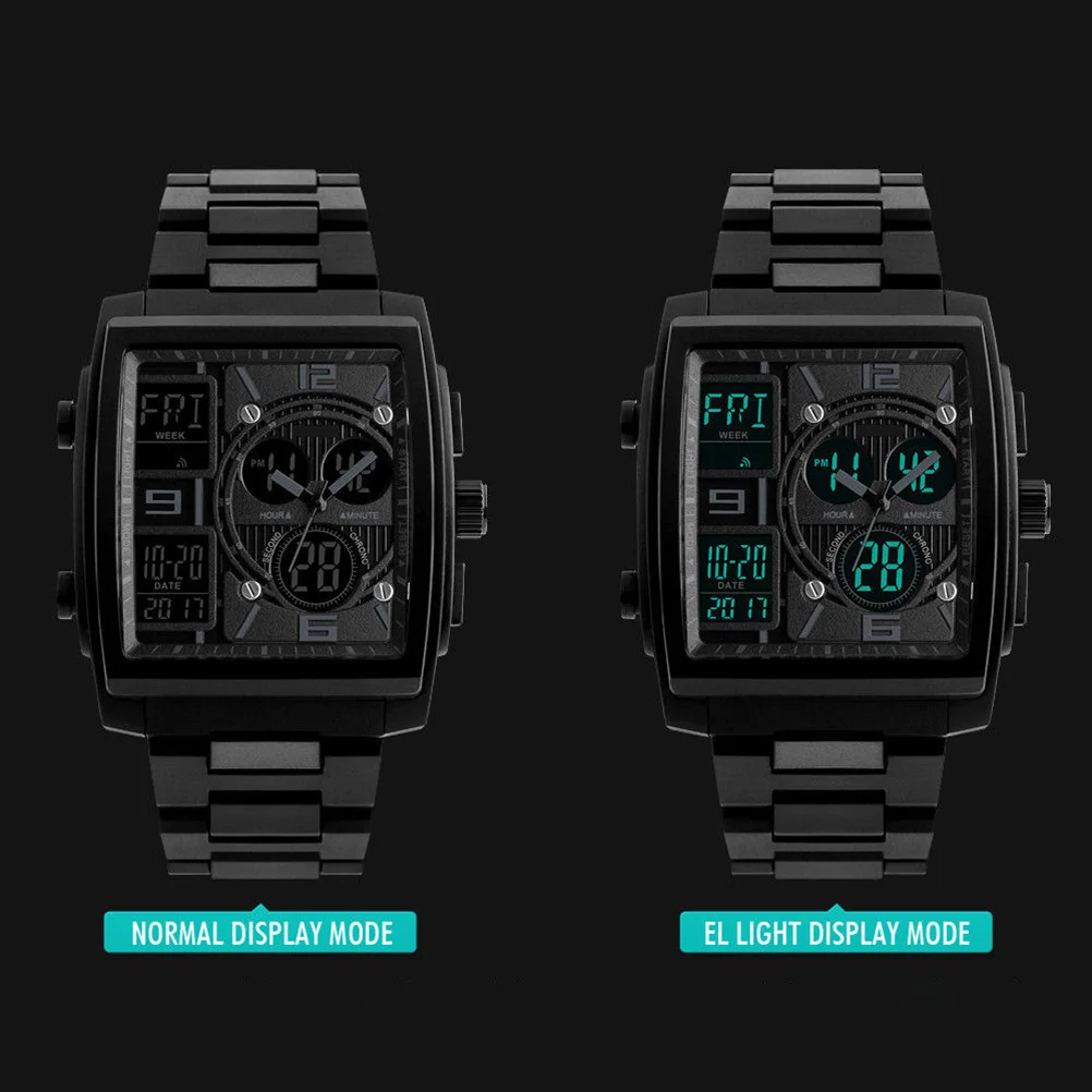 นาฬิกาสปอร์ตสำหรับผู้ชายทรงสี่เหลี่ยมขนาดใหญ่สีดำสไตล์ทหารจอแสดงผลดิจิตอลแบบอะนาล็อก 50M กันน้ำไฟแบ็คไลท์ El มัลติฟังก์ชั่น
