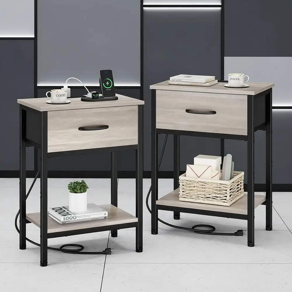 

Nightstand Set of 2 with Charging Station, Bed Side Table with Fabric Drawer, Small End Table with 2-Tier Storage Shelves, 25.4"