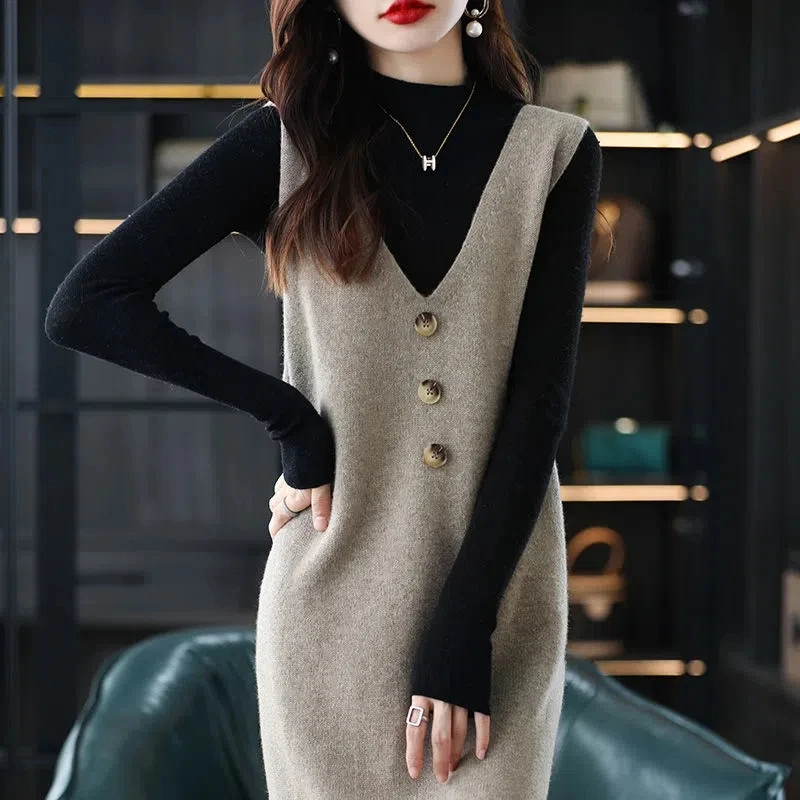 

Spring New Fashion Vest Dress Women's Solid V-neck Patchwork Button Temperament Simple Casual Loose Knitted Sleeveless Dresses