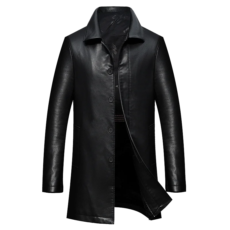 

Autumn Winter High-End Business Casual Lapel Velvet Trim Fashionable Elegant Outerwear Men's Long Leather Trench Coat
