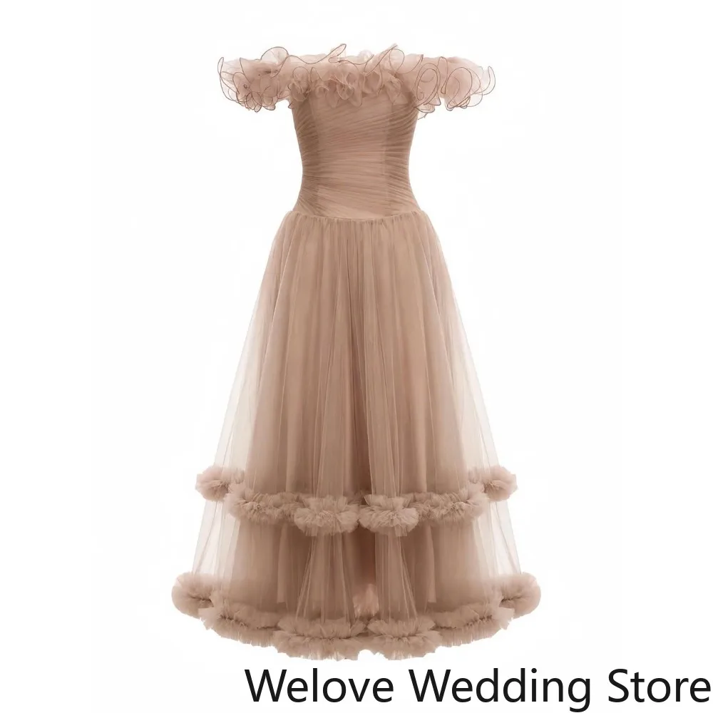 Customized Romantic Blush Pink Formal Evening Gown featuring an off-shoulder neckline with delicate tulle ruffles with Tiered