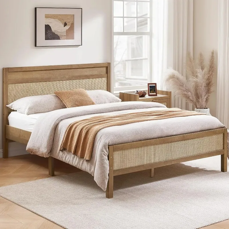 Natural Solid Wood Rattan Queen Bed Frame Tall Headboard Platform Bed With Wooden Slats 15 Inch Boho Bedroom Furniture