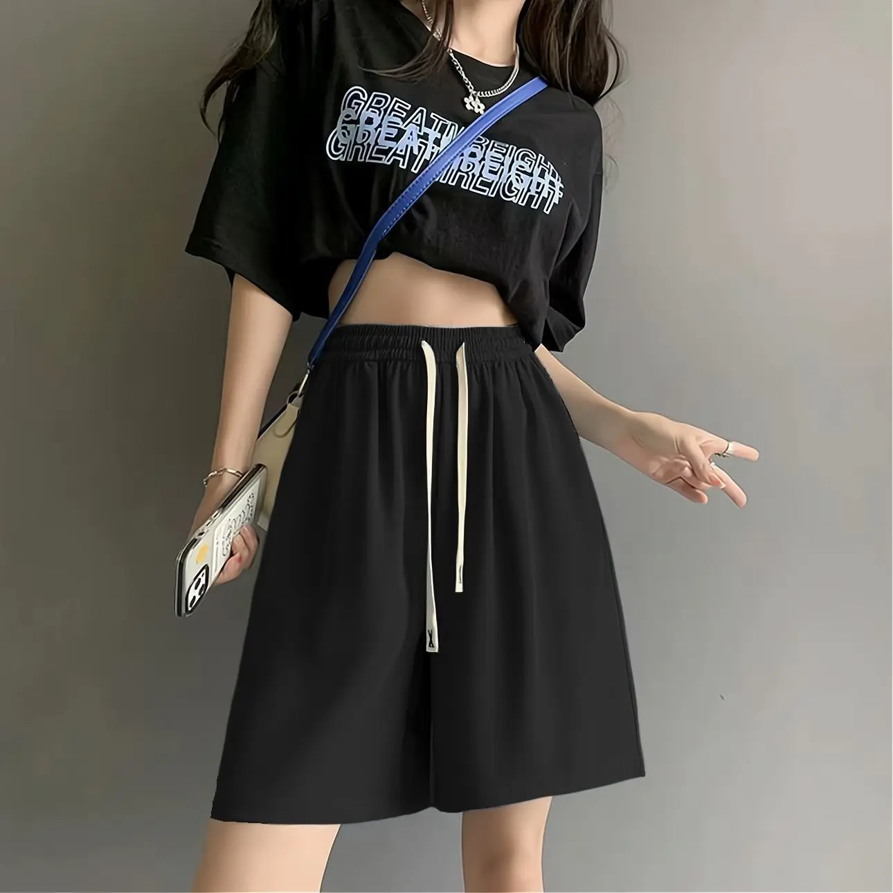 

Summer Thin Hanging Loose Casual Women Sporty Ice Silk Shorts High Waist Solid Color Drawstring Sleepwear Five-quarter Shorts