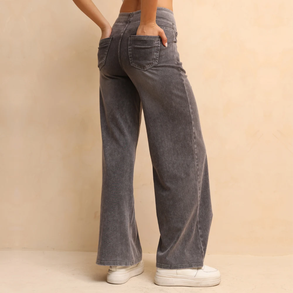 Shascullfites High Waist Light Gray Women's Summer Jeans Thin Wide Leg Trousers with Pockets Elastic Waist Casual Jeans