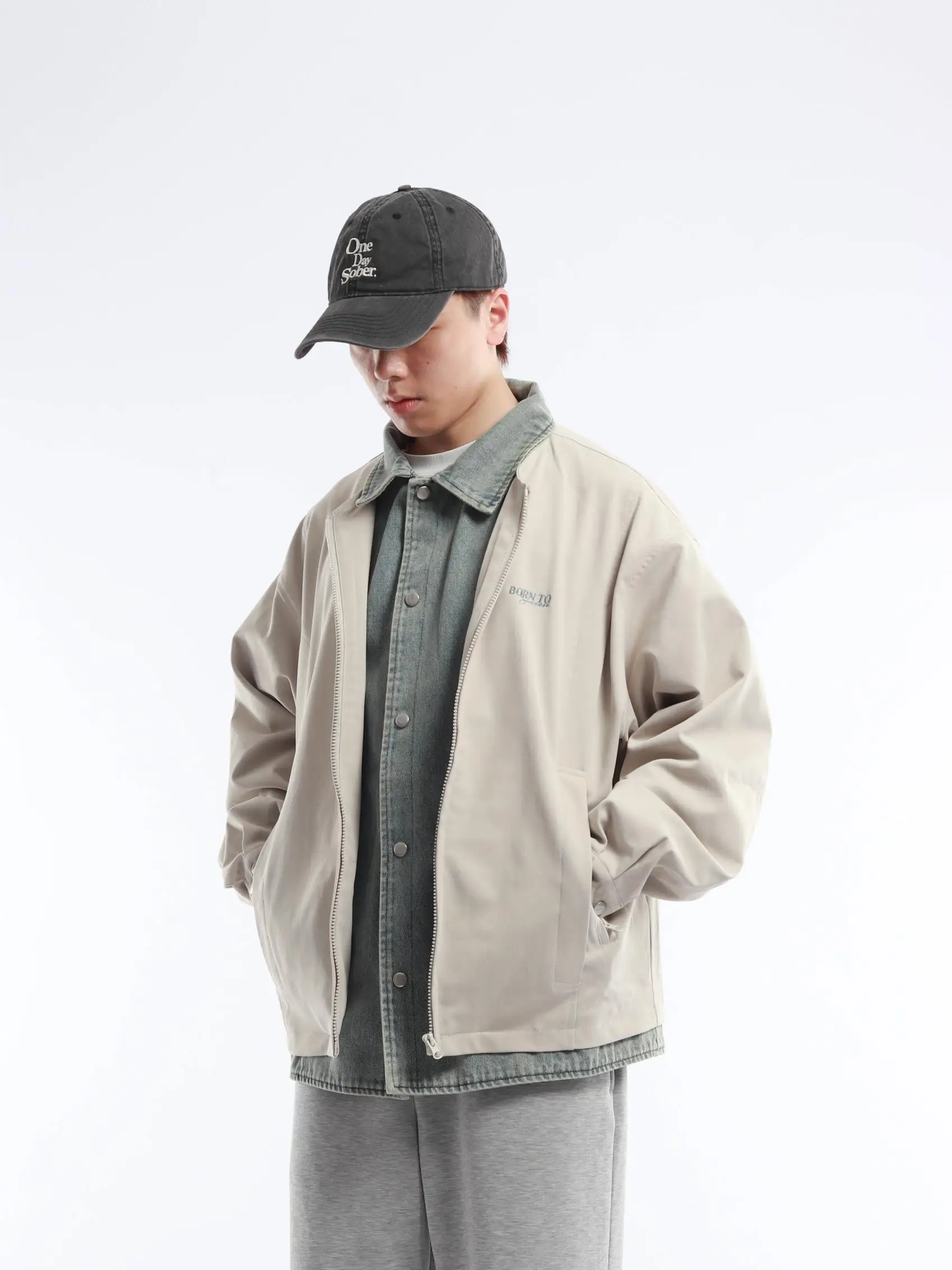 Autumn New American Retro Collar Embroidered Letter Jacket Men's Khaki Workwear Style Fake Two-Piece Coat Youth Trend Cotton