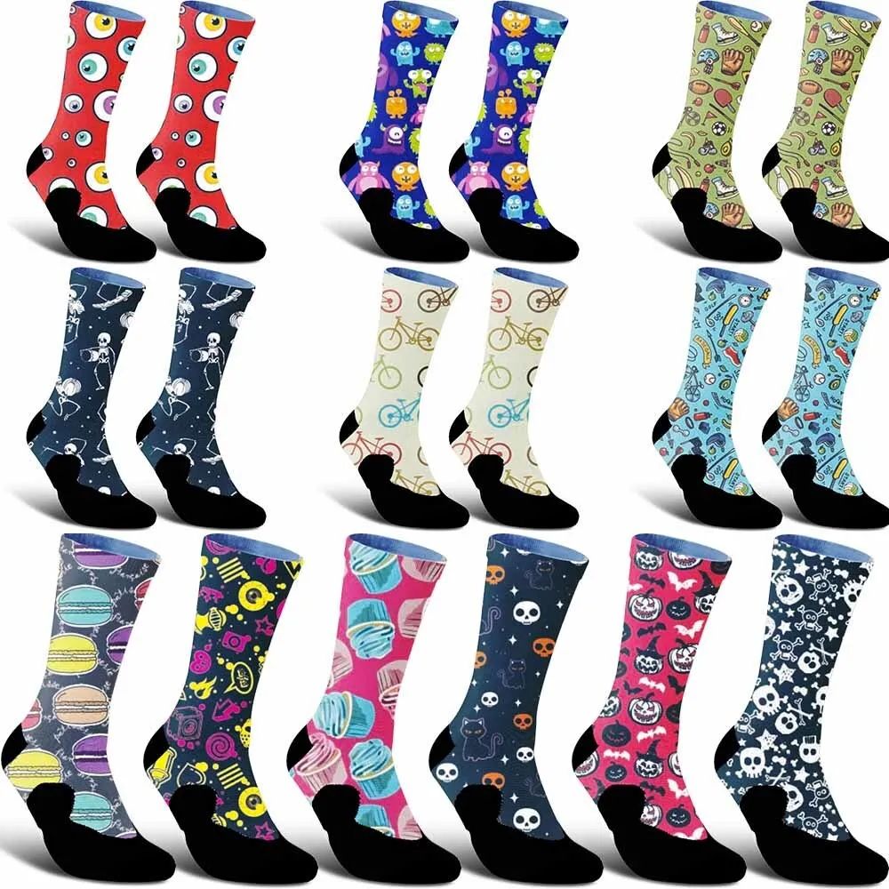 2025 New Creative Black Cat and Skull Pattern Sports Cycling Socks, unisex, lightweight, breathable, durable, moisture wicking