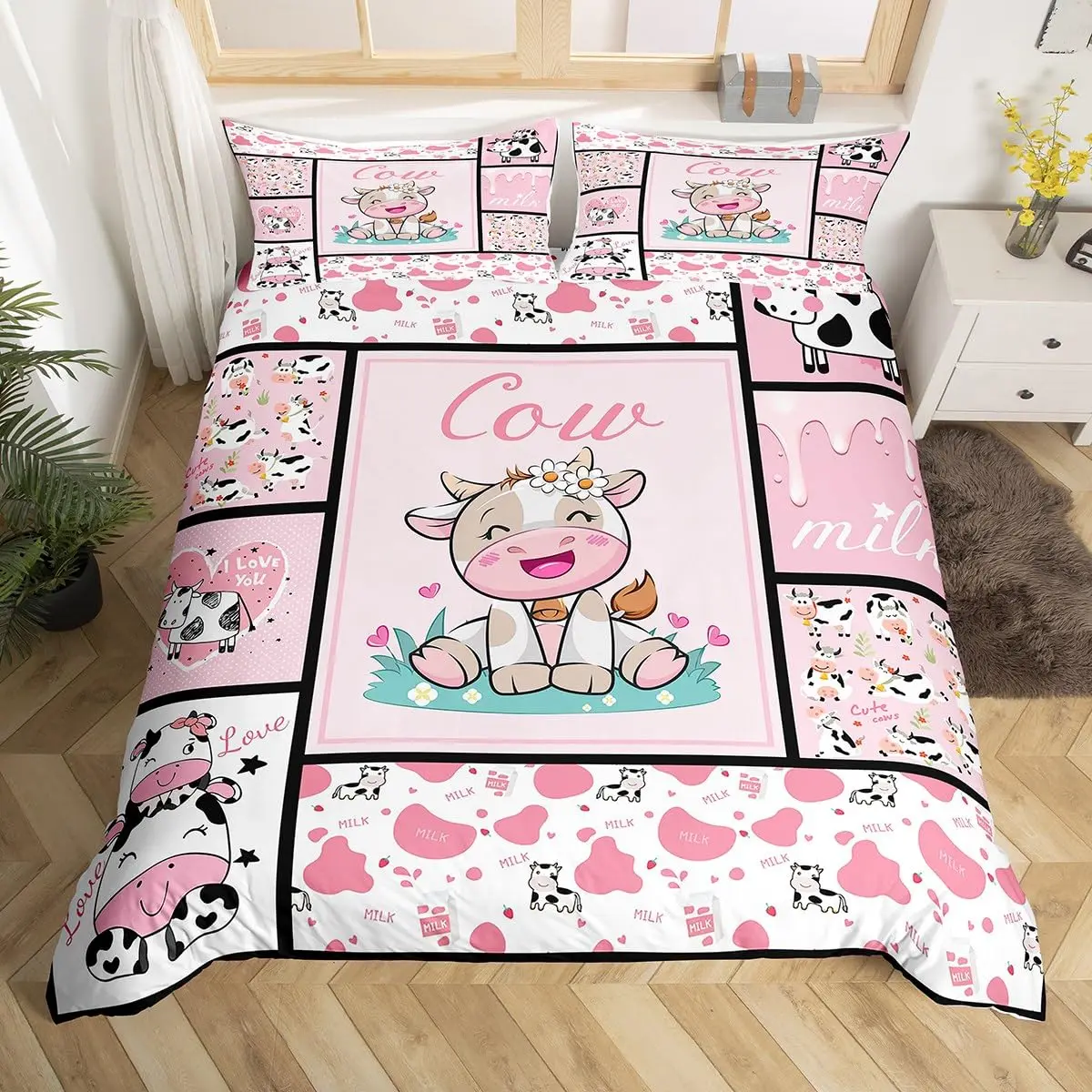 Cute Milk Cow Duvet Cover Set Kawaii Highland Cow Girls Kids Women Bedding Lovely Pink Farmhouse Animal Decor Comforter Covers