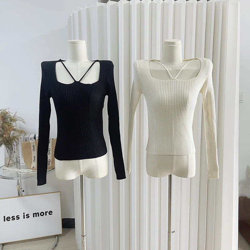 Hollow Out Jumpers Knit Long Sleeve Top Pullovers Cross Neck Halter Sweater Women Casual Sweater Autumn Winter