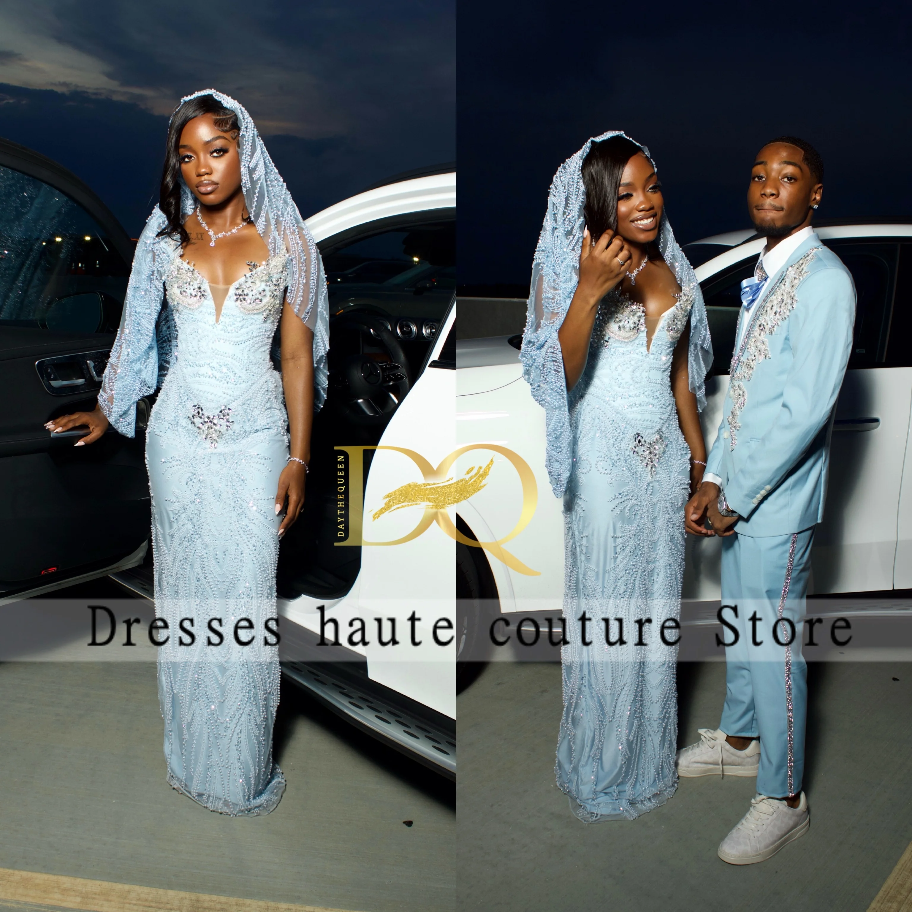 

Luxury Shiny Blue Sequins Mermaid Prom Dresses 2026 For Black Girls Beaded Crystals Formal Birthday Party Gowns Customized
