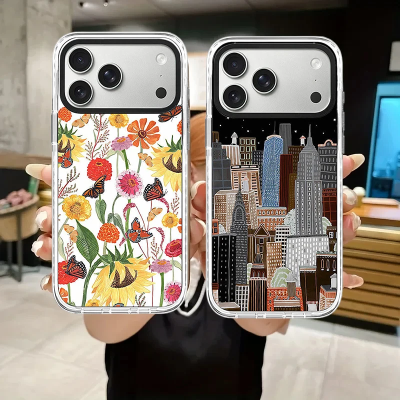 Urban Night Scene Oil Painting White Border Magnetic Phone Case Cover for IPhone 13 14 15 16 17 Pro Max Case for IPhone Air