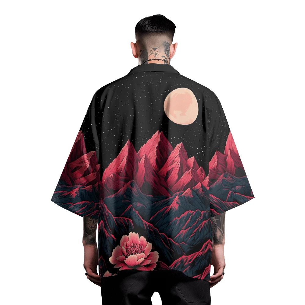 Classic Vintage Fashion Design Sense Starry Snowy Mountain Woven Toga Men's Fashion Design Casual Kimono Men's Tops