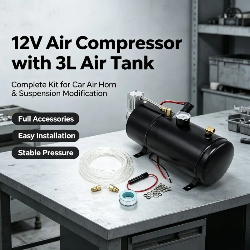 12V/24V Air Horn Compressor with 3L Air Tank, Universal Air Pump for Truck Horn Modification