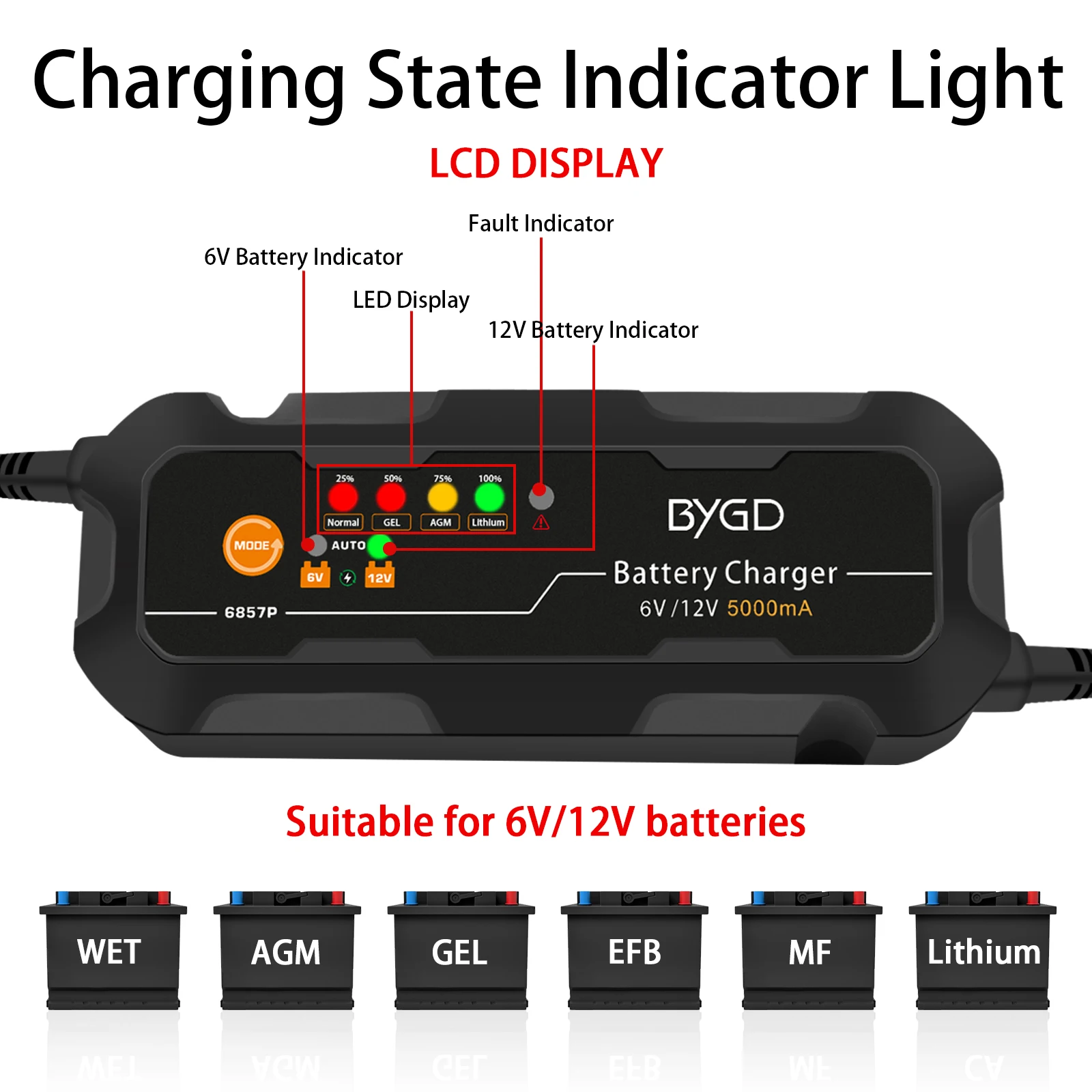 BYGD Portable 6V/12V 5A Car Battery Charger High Power Fully Auto matic Intelligent Lithium Battery Charger