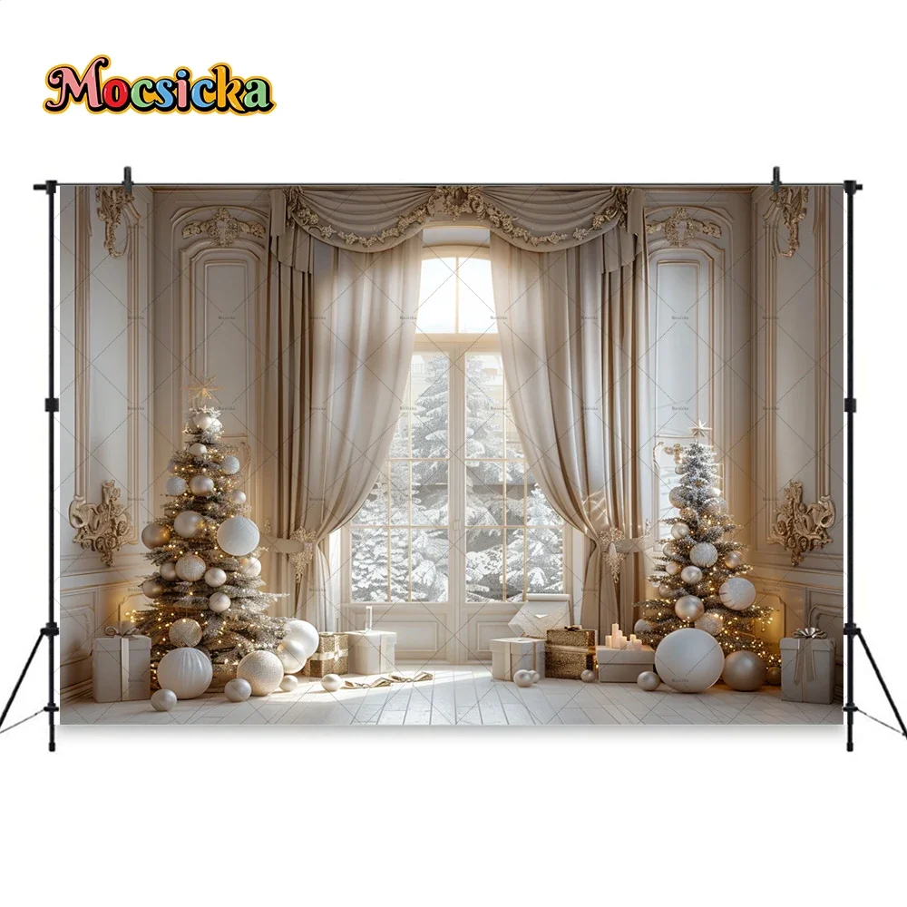 White Christmas Window Background for Wedding Birthday Photography Xmas Room Gold Xmas Tree Palace Backdrop Winter Studio Props