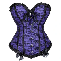 Women Gothic Corset Top Vintage Floral Lace Overbust Bustier Plus Size Lingerie Blue Purple