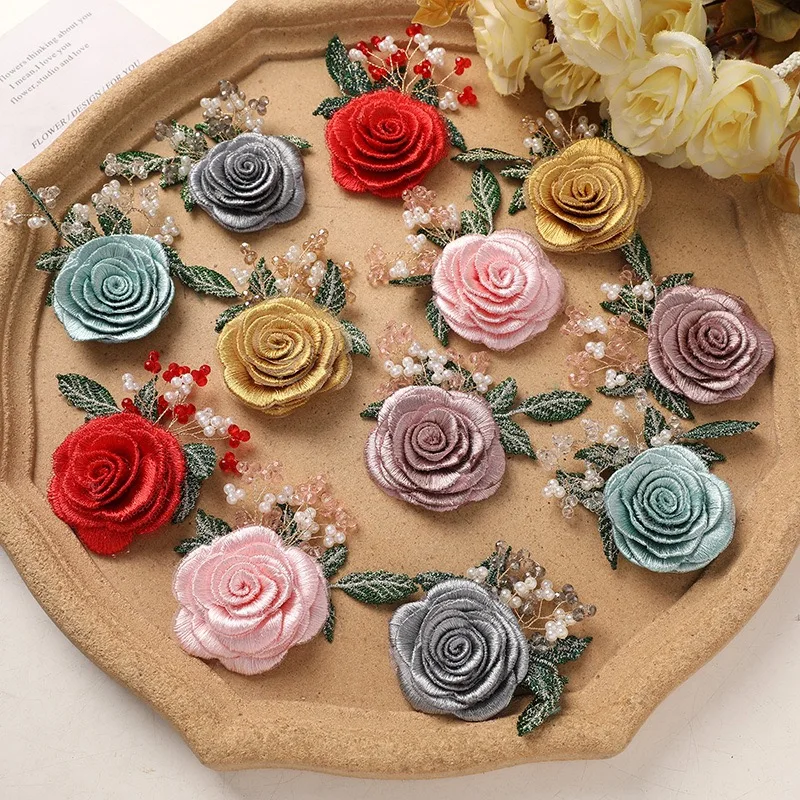Exquisite Embroidery Fabric Rose Flower 6pcs Decorative Blossom Wedding Home Decoration Accessories DIY Wreath Gift Scrapbook