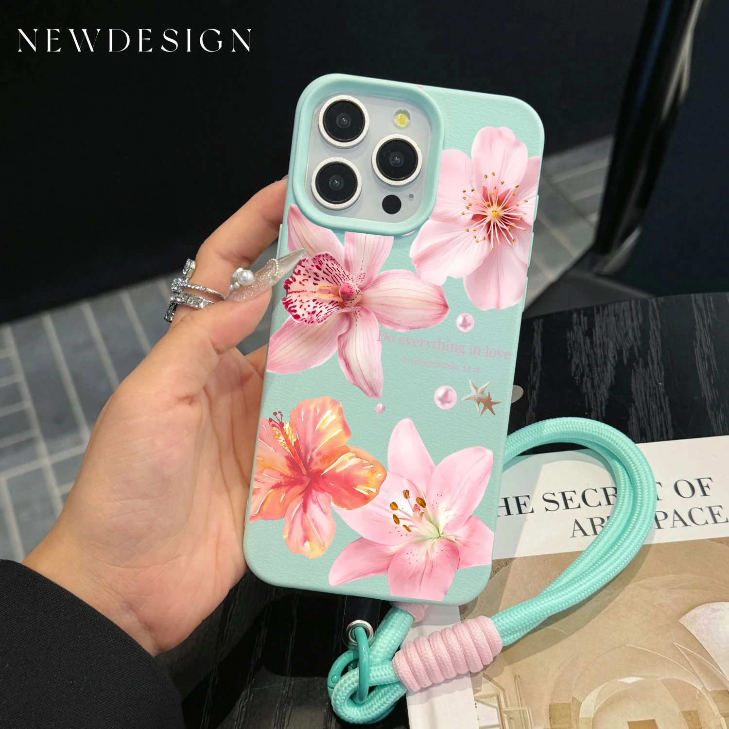 Coque de téléphone antichoc en silicone avec cordon pour iPhone 17 16 13 15 14 12 Pro Max 11 Plus, motif litchi, motif lys rose de luxe