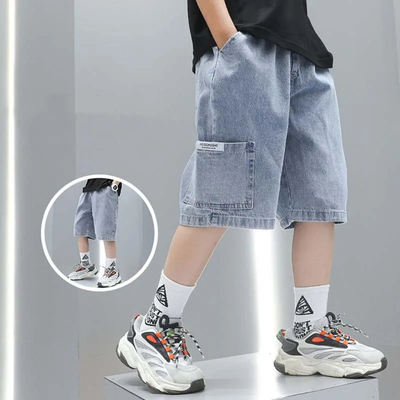UNITIM Summer Children Boys Jeans Thin Young Teenagers Boys Versatile Denim Shorts Korean Sticker Pocket 4-14Yrs Kids Boy Shorts