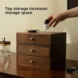 Advanced Sense Walnut Wood Storage Drawer Multilayered Cosmetic Box Retro Light Luxury Desk Organizer Brass Handle Jewelry Case
