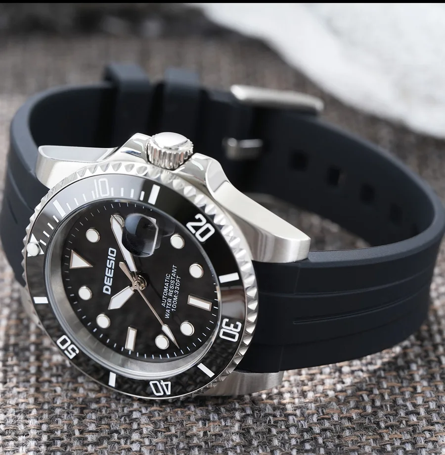 Deesio Luxury Men's Full Automatic Mechanical Watch, 316L Stainless Steel Case, Silicone Strap, Date Display, Luminous Hands, Upgrade 100M Waterproof, High-Mineral Glass, Sport Sweatproof, Self-Wind & Manual Wind, Black Classic Business Casual Design