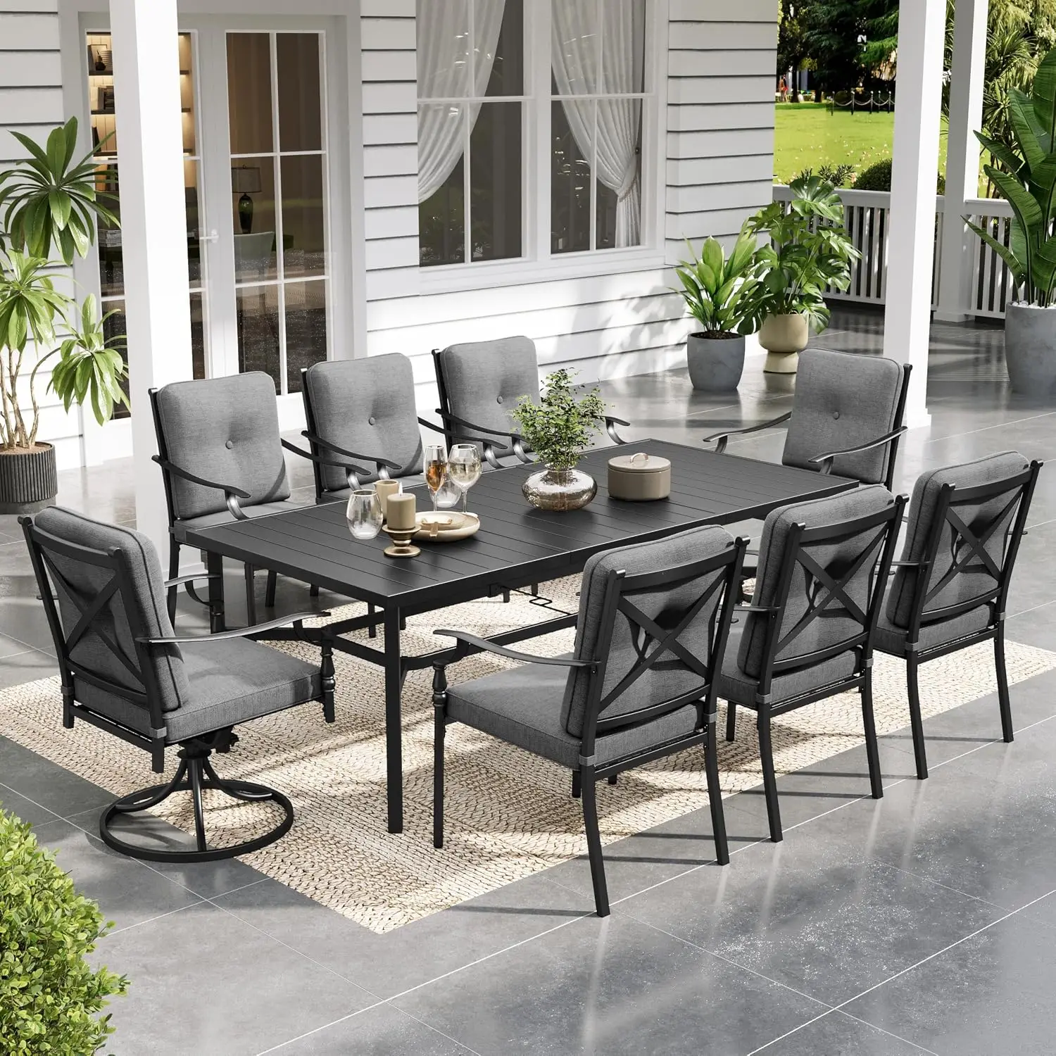 Outdoor Dining Set for 8, Rectangle Metal Table & Chairs