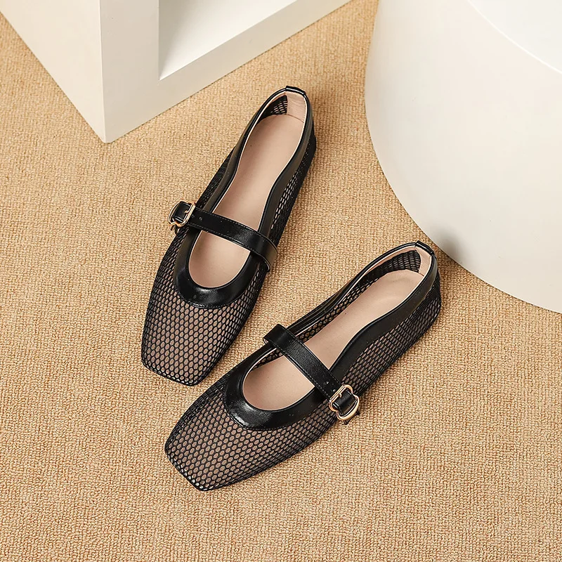 Fashion Square Toe Mesh Ballet Flats Buckle Strap Mary Janes Breathable Hollow Out Single Shoes Female Flat Bottom Casual Shoes