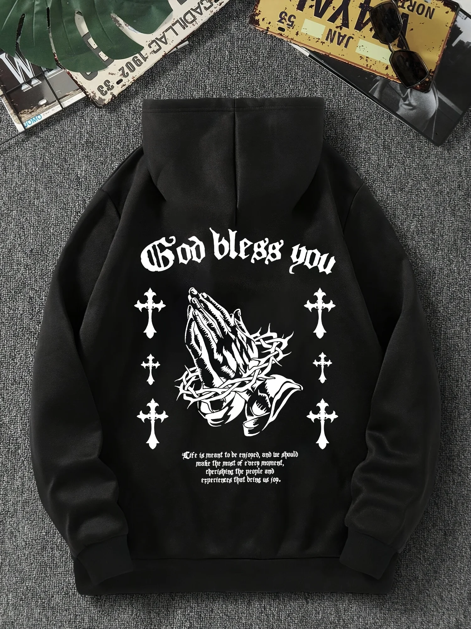 European and American men's new Gothic cross print soft and elastic comfortable hooded sweatshirt outdoor high street clothing