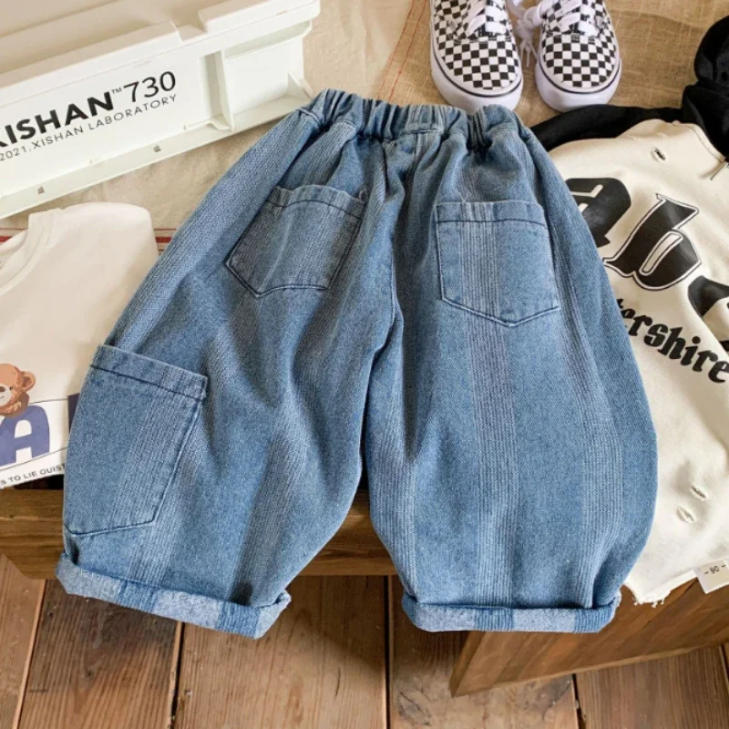 Autumn New Boys Korean Vertical Stripes Jeans 100% Cotton Casual Loose Children\'s Denim Pant Carrot Pants For Girls