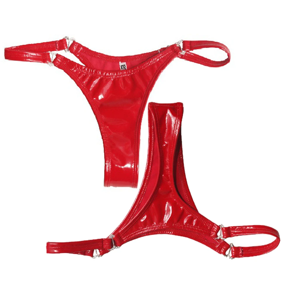 Shiny PVC Faux Latex Sexy Low Waist T-Back Butt-Lift Small Briefs Narrow Crotch G-String Peach Heart Thongs Women's Underwear