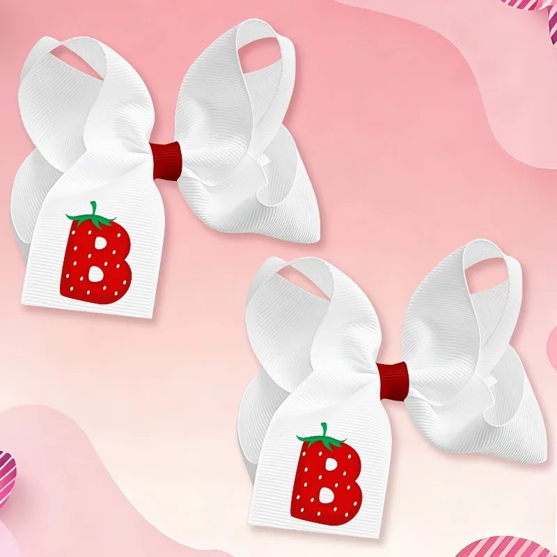 2pcs 4Inch Strawberry Alphabet Hair Bows For Girls, Custom Letter Print Barrettes Set, Toddler Preschool Party Favor Hair Clips